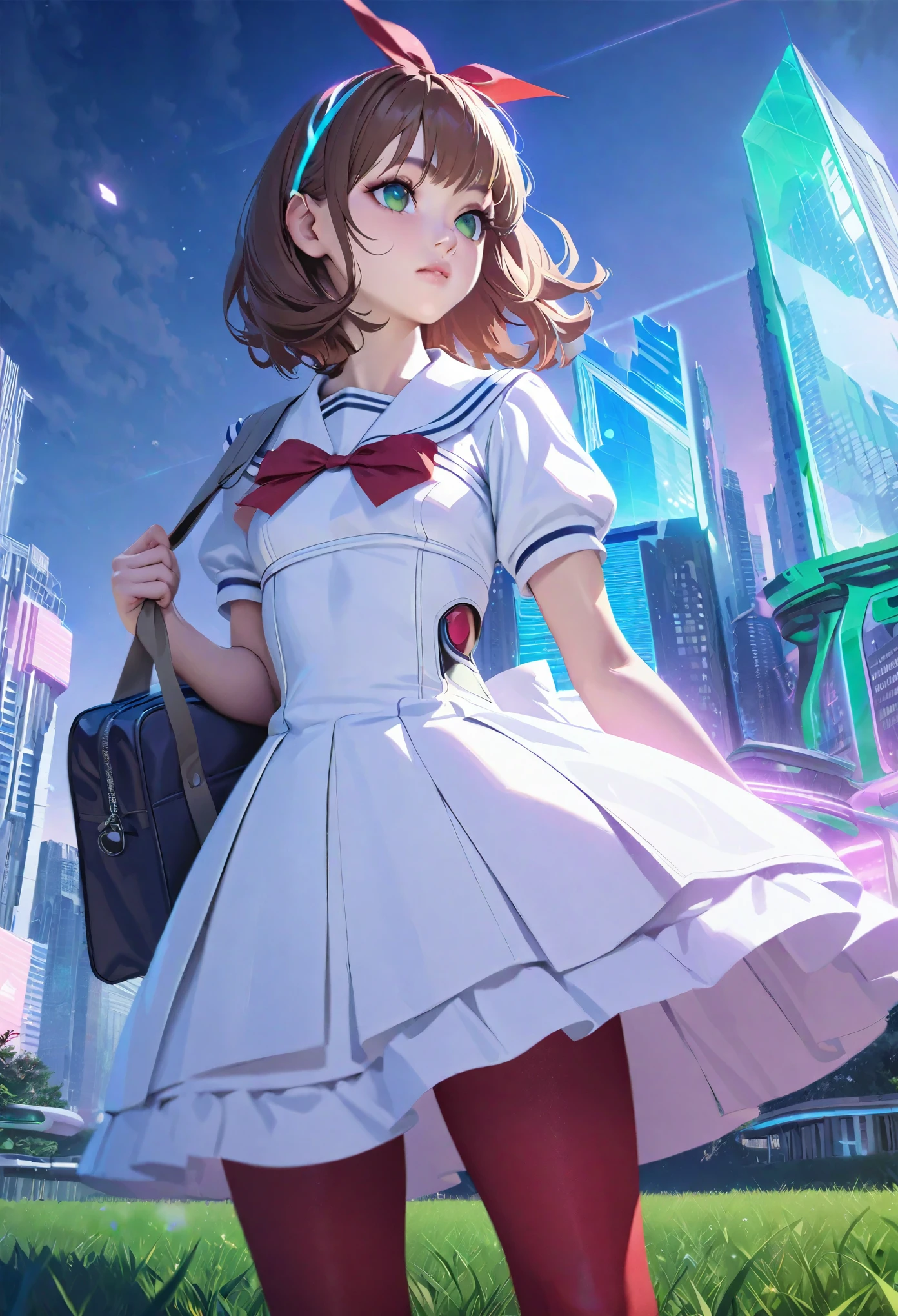 (best quality,4k,highres),ultra-detailed,realistic,portraits, Japaneese school girl, green eyes, long brown hair,anime style,futuristic, Frutiger Aero aesthetic, eco- modernism, bokeh, ribbon headband,small breast,futuristic sailor lolita dress,puffy sleeves,white and blue,colorful lighting, red ribbon, navy blue pantyhose, school shoes, school bag, school crest, standing in a green field with futuristic skyscrapers in the background, tertiary colors, highly detailed, 4K.