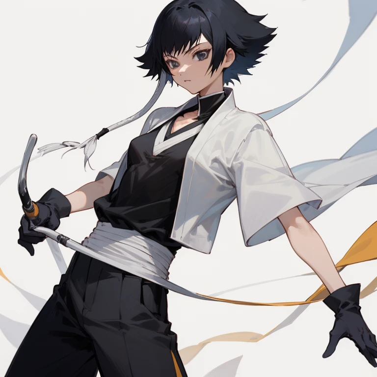 ((highest quality)), ((masterpiece)), (be familiar with), BLEACH,Soi Fon, 1 girl, alone, black hair, clothes,pants, Slender,slender,short hair with long locks, short hair, small breasts, gloves,