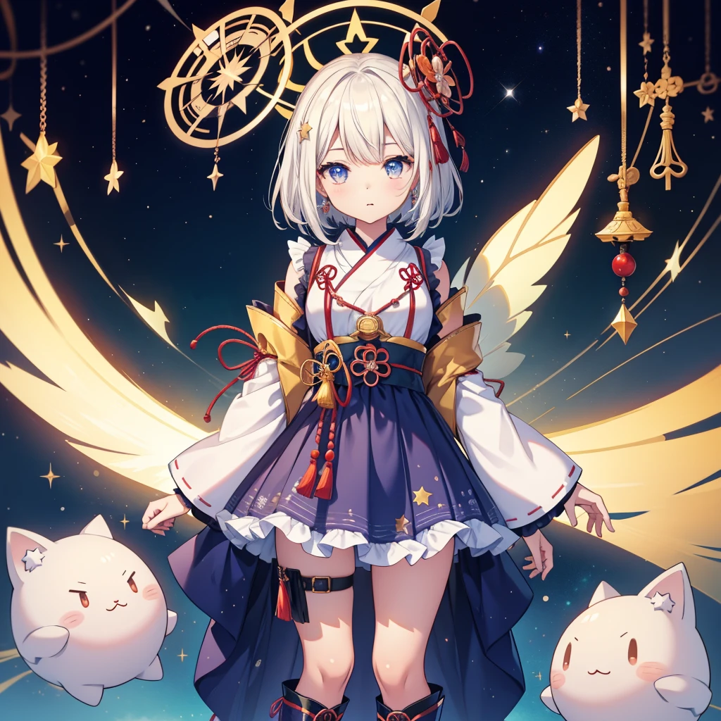 1girl、vtuber-fullbody、Star Fairy、masterpiece、official art、Super detailed、super beautiful、かわいいStar Fairy、white straight short hair、Milky Way、universe、star charm、star、baby face、Knee-high boots、Japanese pattern dress、A beautiful girl wearing black and white clothes that are a remake of a yukata.、universeを思わせるOiranフリルドレス、Oiran