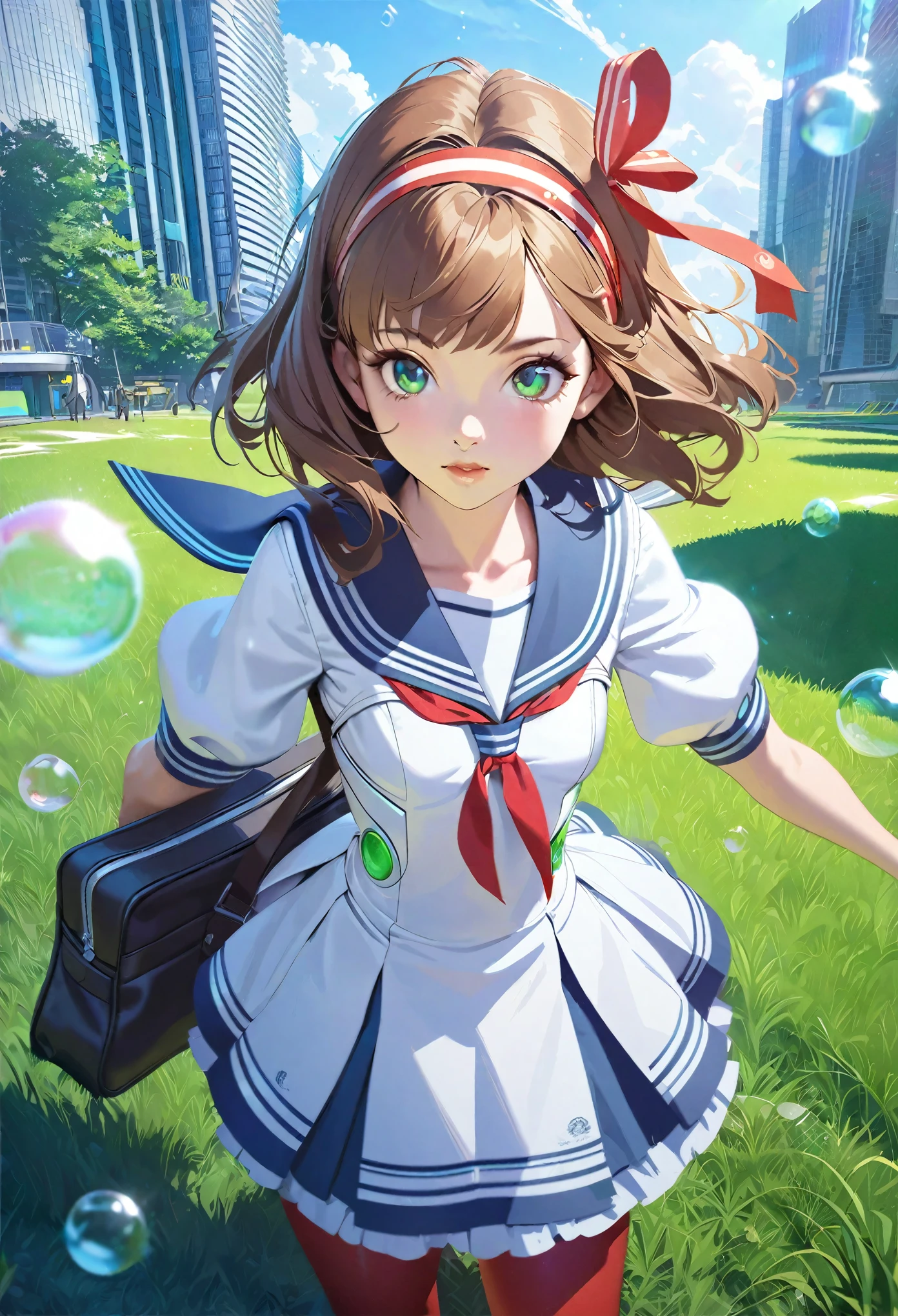 (best quality,4k,highres),ultra-detailed,realistic,portraits, Japaneese school girl, green eyes, long brown hair,anime style,futuristic, Frutiger Aero aesthetic, eco- modernism, bokeh, ribbon headband,small breast,futuristic sailor lolita dress,puffy sleeves,white and blue,colorful lighting, red ribbon, navy blue pantyhose, school shoes, school bag, school crest, standing in a green field with futuristic skyscrapers in the background, sunny day with blue sky and clouds, small amount of bubbles, tertiary colors, highly detailed, 4K.