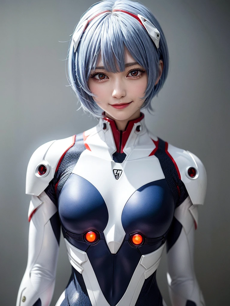 Masterpiece, highest quality, 8K, detailed skin texture, fine cloth texture, beautiful detailed face, intricate details, super detailed, portrait of Rei Ayanami, blue hair, red eyes, looking far away, no background, Evangelion Wearing a plug suit when riding, plug suit, whole body visible, standing, arms crossed, 15 years old, beautiful, cute, great style, smiling