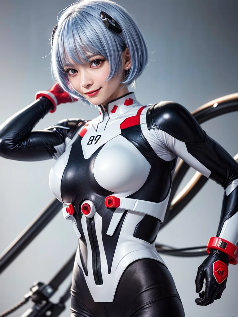 Masterpiece, highest quality, 8K, detailed skin texture, fine cloth texture, beautiful detailed face, intricate details, super detailed, portrait of Rei Ayanami, blue hair, red eyes, looking far away, no background, Evangelion Wearing a plug suit when riding, plug suit, whole body visible, standing, arms crossed, 15 years old, beautiful, cute, great style, smiling