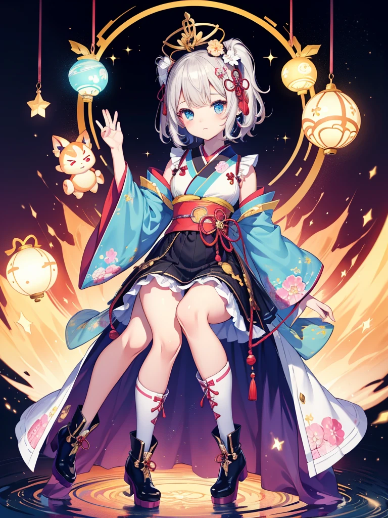 1girl、vtuber-fullbody、Star Fairy、masterpiece、official art、Super detailed、super beautiful、かわいいStar Fairy、white straight short hair、Milky Way、universe、star charm、star、baby face、Knee-high boots、Japanese pattern dress、A beautiful girl wearing black and white clothes that are a remake of a yukata.、universeを思わせるOiranフリルドレス、Oiran