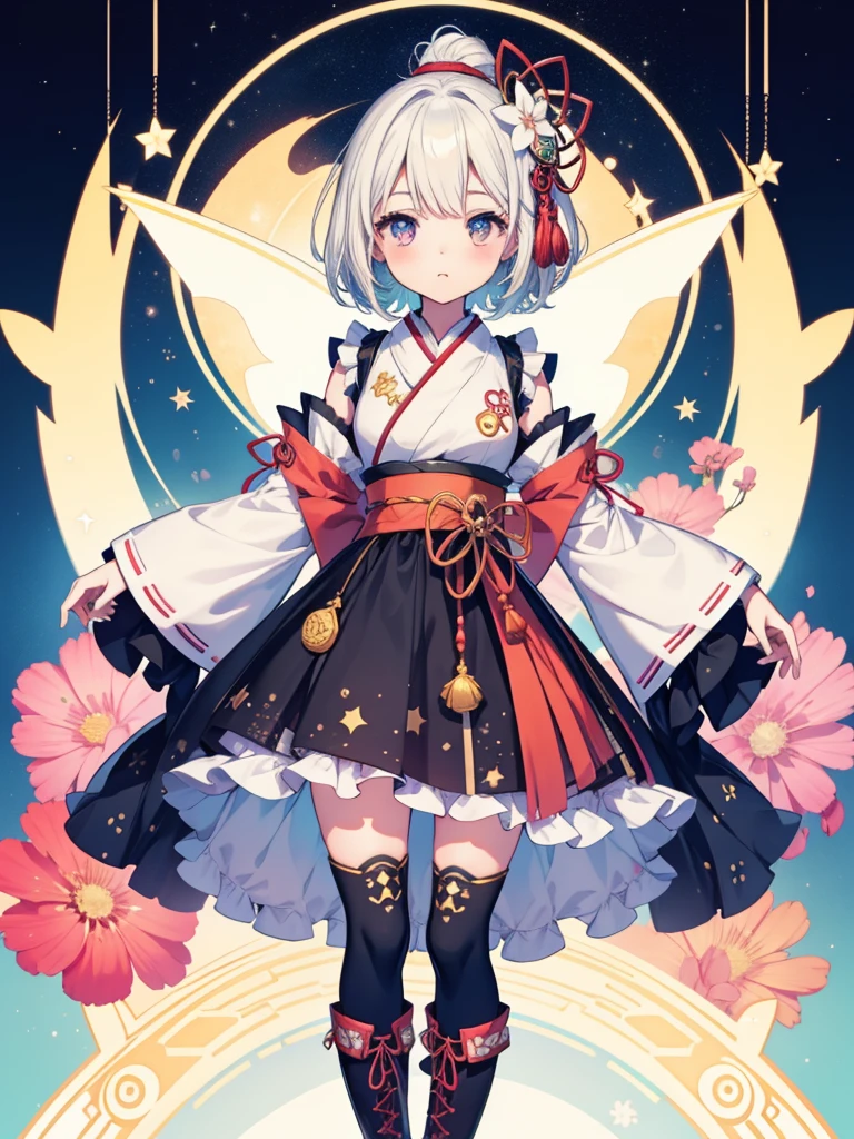 1girl、vtuber-fullbody、Star Fairy、masterpiece、official art、Super detailed、super beautiful、かわいいStar Fairy、white straight short hair、Milky Way、universe、star charm、star、baby face、Knee-high boots、Japanese pattern dress、A beautiful girl wearing black and white clothes that are a remake of a yukata.、universeを思わせるOiranフリルドレス、Oiran