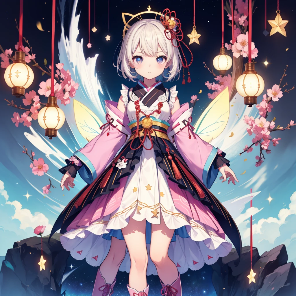 1girl、vtuber-fullbody、Star Fairy、masterpiece、official art、Super detailed、super beautiful、かわいいStar Fairy、white straight short hair、Milky Way、universe、star charm、star、baby face、Knee-high boots、Japanese pattern dress、A beautiful girl wearing black and white clothes that are a remake of a yukata.、universeを思わせるOiranフリルドレス、Oiran