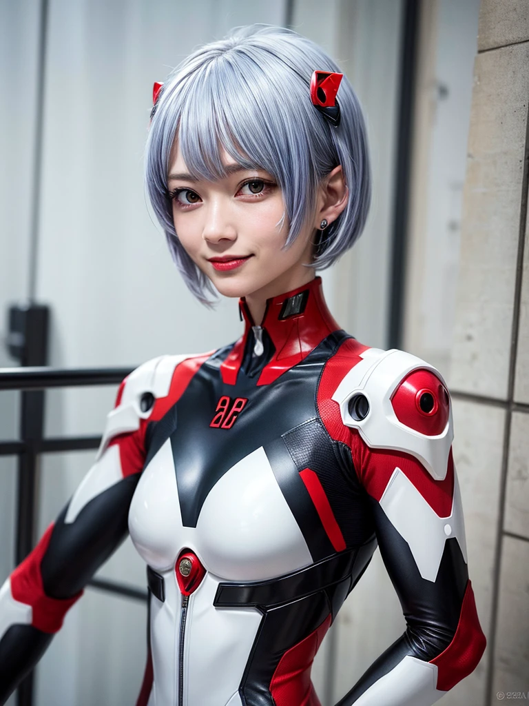 Masterpiece, highest quality, 8K, detailed skin texture, fine cloth texture, beautiful detailed face, intricate details, super detailed, portrait of Rei Ayanami, blue hair, red eyes, looking far away, no background, Evangelion Wearing a plug suit when riding, plug suit, whole body visible, standing, arms crossed, 15 years old, beautiful, cute, great style, smiling