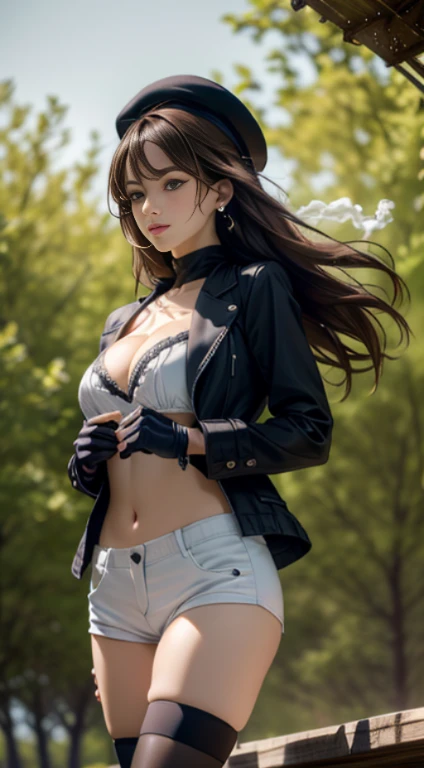 22 years old, (milf:0.8), (solo:1.5), (sfw:1.25), cute breast, beautiful breasts, medium , thin waist, big ass:1.0, Raised sexy, (beret, black jacket, open clothes, cleavage, midriff, black shorts, black thighhighs, thigh strap, fingerless gloves, single glove:1.2), blue eyes, light smile, big , Revimpling fabric, earrings, Hand gloves, detailed face,(smoking:1.3),long hair,side ponytail,hair between eyes,bangs,detailed and beautiful eyes,beautiful detailed lips,Rolling her eyes,manner,hair over one eye, (ultra high resolution, 8K RAW photo, photo realistics, thin outline:1.3, clear focus), best qualtiy, natural lighting, textile shading, sharp back ground, field depth, (Bright pupils, fine detailed beautiful eyes with highlight:1.3, high detailed face), Red lip, fine realistic skins:1.1, looking down viewers:1.3, (dynamic angle:1.3, front view:1.1, breast focus:1.3, from below:1.2), (dynamic posing:1.5, sexy posing:1.2),Youghal, side lock, hair ornaments, hair band,nice,garden background,artistic rendering,Super detailed,(highest quality,4k,8K,High resolution,masterpiece:1.2),Bright colors,studio lighting,in usa military base,
