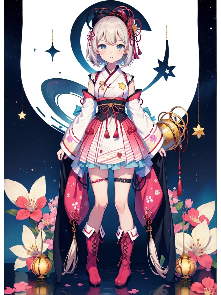 1girl、vtuber-fullbody、anime,Star Fairy、masterpiece、official art、Super detailed、super beautiful、かわいいStar Fairy、white straight short hair、Milky Way、universe、star charm、star、baby face、Knee-high boots、Japanese pattern dress、A beautiful girl wearing black and white clothes that are a remake of a yukata.、universeを思わせるOiranフリルドレス、Oiran