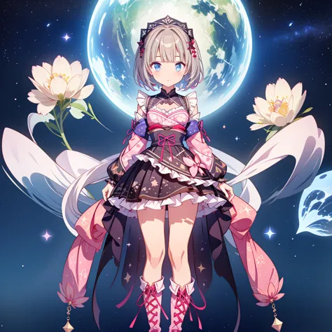 1girl、lower body shot、focus on boots、vtuber-halfbody、star fairy、「a beautifully printed galaxy patterned kimono and gothic lolita...