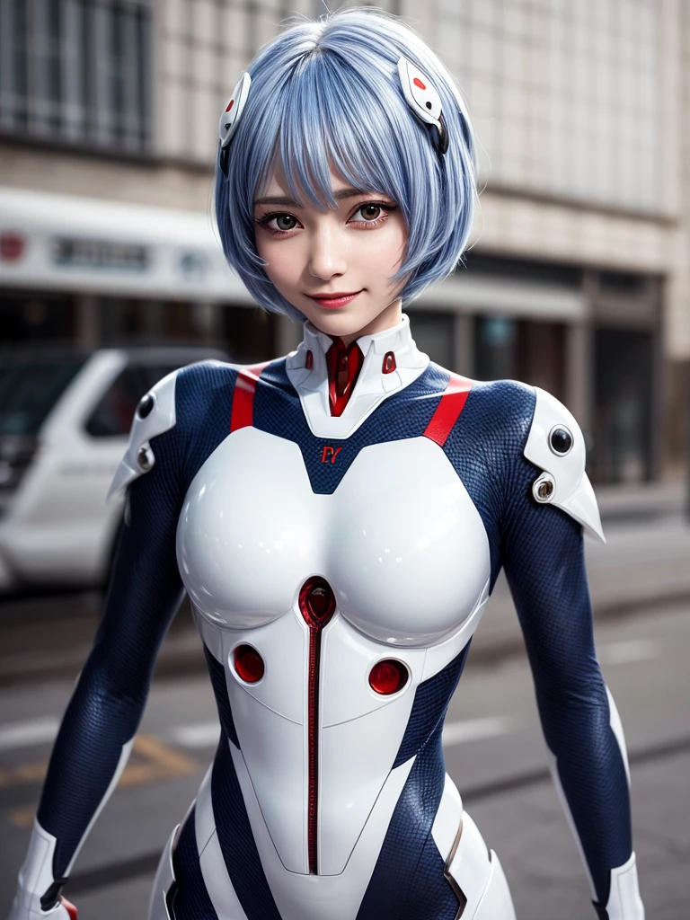 Masterpiece, highest quality, 8K, detailed skin texture, fine cloth texture, beautiful detailed face, intricate details, super detailed, portrait of Rei Ayanami, blue hair, red eyes, looking far away, no background, Evangelion Wearing a plug suit when riding, plug suit, whole body visible, standing, arms crossed, 15 years old, beautiful, cute, great style, smiling