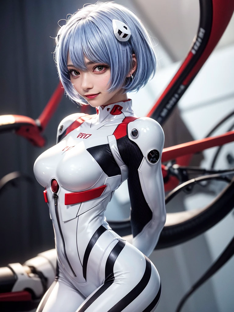 Masterpiece, highest quality, 8K, detailed skin texture, fine cloth texture, beautiful detailed face, intricate details, super detailed, portrait of Rei Ayanami, blue hair, red eyes, looking far away, no background, Evangelion Wearing a plug suit when riding, plug suit, whole body visible, standing, arms crossed, 15 years old, beautiful, cute, great style, smiling