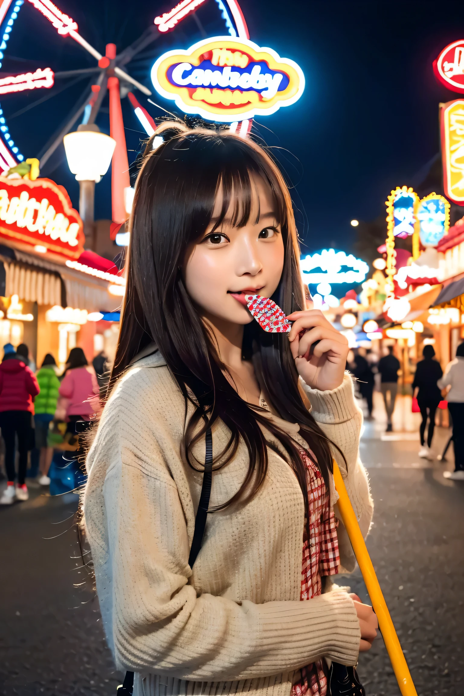 (8K, RAW photo, highest quality masterpiece: 1.2)A young woman is holding a large stick of candy in her mouth at a candy-themed amusement park. She holds a large stick of candy in her mouth while sticking out her tongue. She is drooling.
BREAK A young woman holding a large stick of candy in a candy-themed amusement park.