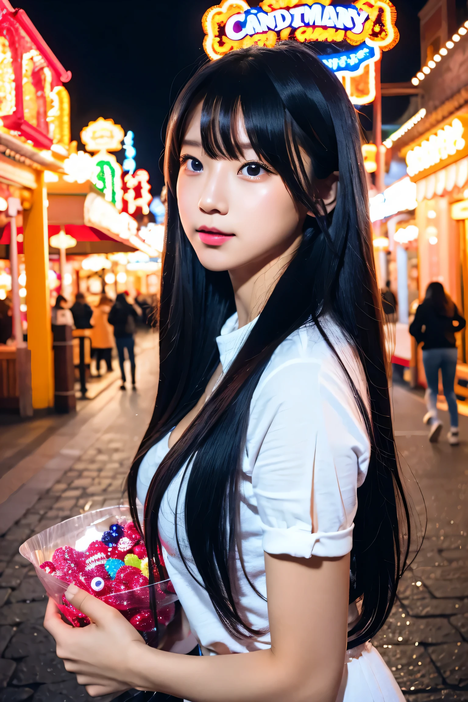 Une jeune femme tenant un gros bonbon dans un parc d&#39;attractions sur le thème des bonbons, éviter les expressions sensibles.