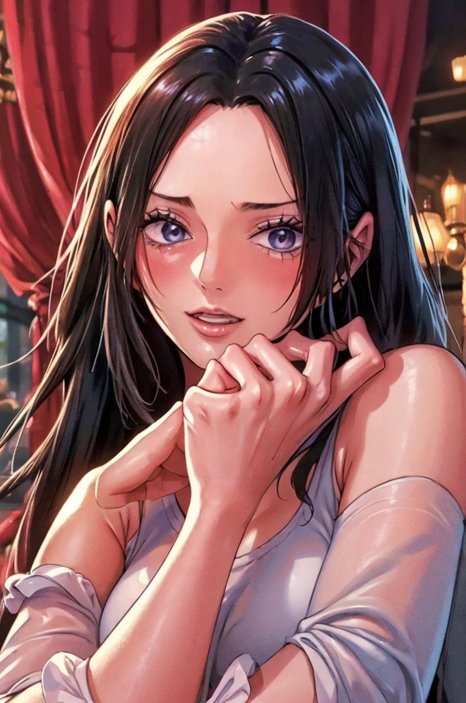 (((masterpiece))), (((best quality))), ((ultra-detailed)), (highly detailed CG illustration), Boa Hancock, (nsfw:1.4), (masterpiece:1.5), Detailed Photo, Sexy, (Best Quality: 1.4), (1girl), Beautiful Face, (Black Hair, long Hair: 1.3), Beautiful Hairstyle, beautiful detail eyes, (realistic skin), beautiful skin, absurd, attractive, ultra high resolution, high definition, (sexually aroused:1.5), Pinkish white skin, cool white light, sexy pose, Beautiful , white background, pink soft white light, Wear a white tank top, 