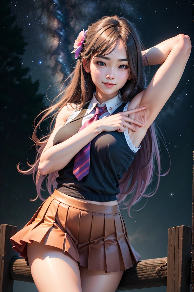 (best quality,4k,8k,highres,masterpiece:1.2),ultra-detailed,(realistic,photorealistic,photo-realistic:1.37),masterpiece, best quality, highres, aakaede, long hair, ahoge, hair ornament, breasts, , necktie, pink sleeveless vest, sweater sleeveless vest, pleated skirt, purple skirt, print skirt, pantyhose, closed mouth, solo, upper body, night sky, forest, arms behind head, contrapposto, spread armpits, smile, high quality, in the center, high quality,
