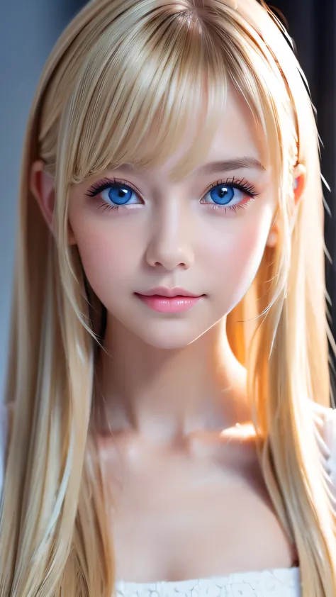 Exceptionally beautiful blonde girl、Beautiful, calm and bright expression、Sexy refreshing look、Very super long straight blonde silky hair、bangs between eyes、Very bright, large, light blue and white eyes that shine beautifully、very big bright eyes、perfect b...
