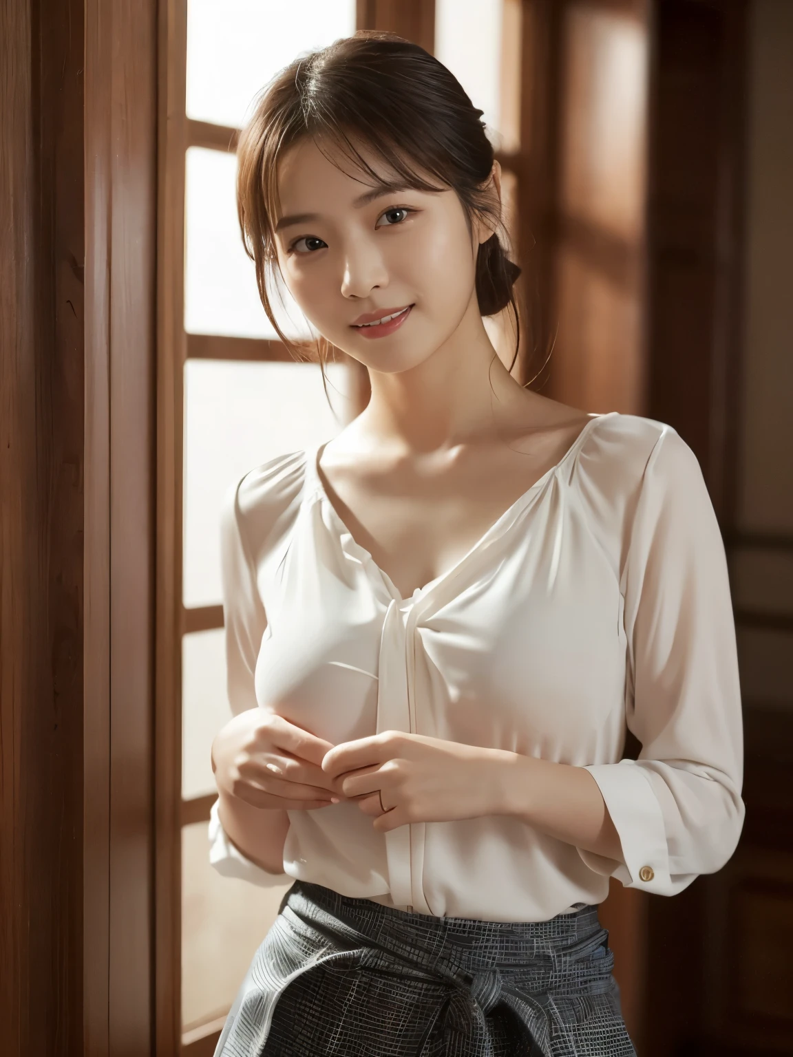 1 girl, (wearing a white blouse:1.2), short skirt, beautiful japanese actress,
(RAW photo, highest quality), (realistic, Photoreal:1.4), masterpiece, 
very delicate and beautiful, very detailed, 4k wallpaper, wonderful, 
finely, very detailed CG Unity 8k wallpaper, Super detailed, High resolution, 
soft light, beautiful detailed girl, very detailed目と顔, beautifully detailed nose, beautiful and detailed eyes, cinematic lighting, 
break,
 Open Cafe in Europe,
perfect anatomy, smiling, fully facing front, (looking at camera), (waist shot), large breasts,(The bag is worn with the strap crossing the chest, which accentuate the bust:1.3)