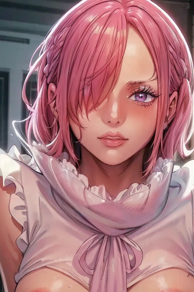 (((masterpiece))), (((best quality))), ((ultra-detailed)), (highly detailed CG illustration), vinsmoke reiju, (nsfw:1.4), (masterpiece:1.5), Detailed Photo, Sexy, (Best Quality: 1.4), (1girl), Beautiful Face, (Pink Hair, short Hair: 1.3), Beautiful Hairstyle, beautiful detail eyes, (realistic skin), beautiful skin, absurd, attractive, ultra high resolution, high definition, (sexually aroused:1.5), Pinkish white skin, cool white light, sexy pose, Beautiful , white background, pink soft white light, Wear a white dress, (Hair covering right eye: 1.5), wife, incoming face, kissing camera