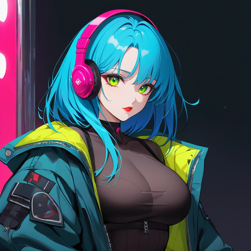 A young and very sexy and beautiful adult woman with large green eyes, long Blue hair and heavily inspired in cyberpunk art. Impeccably make up with red lipstick, dark eyeshadow accentuating her bright eyes. She's dressed in an open jacket that's slightly oversized, wearing a top covering her ample bosom. Sporting large, colorful headphones, she giving a side look tô the camera. She's in a really doom Ambient, with dark and Black and white colors, she is The only colorful thing in the picture. 