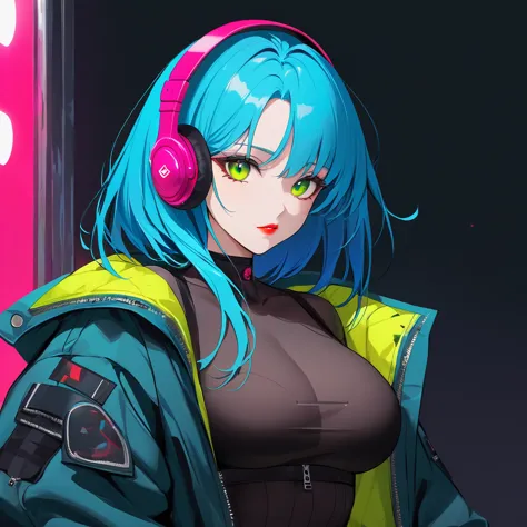 a young and very sexy and beautiful adult woman with large green eyes, long blue hair and heavily inspired in cyberpunk art. imp...