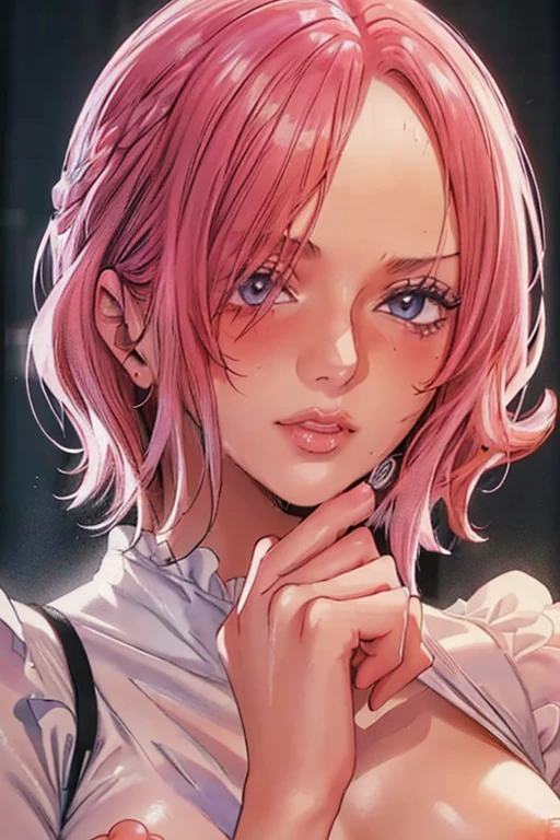 (((masterpiece))), (((best quality))), ((ultra-detailed)), (highly detailed CG illustration), vinsmoke reiju, (nsfw:1.4), (masterpiece:1.5), Detailed Photo, Sexy, (Best Quality: 1.4), (1girl), Beautiful Face, (Pink Hair, short Hair: 1.3), Beautiful Hairstyle, beautiful detail eyes, (realistic skin), beautiful skin, absurd, attractive, ultra high resolution, high definition, (sexually aroused:1.5), Pinkish white skin, cool white light, sexy pose, Beautiful , white background, pink soft white light, Wear a white dress, (Hair covering right eye: 1.5), wife, incoming face, kissing camera