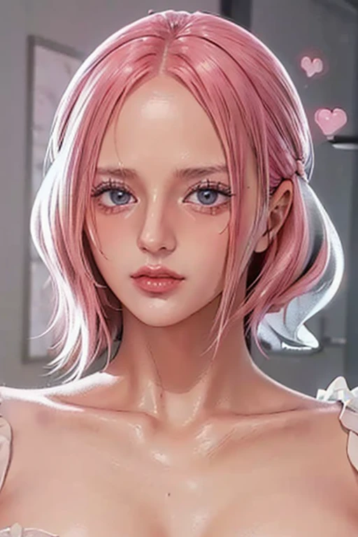 (((masterpiece))), (((best quality))), ((ultra-detailed)), (highly detailed CG illustration), vinsmoke reiju, (nsfw:1.4), (masterpiece:1.5), Detailed Photo, Sexy, (Best Quality: 1.4), (1girl), Beautiful Face, (Pink Hair, short Hair: 1.3), Beautiful Hairstyle, beautiful detail eyes, (realistic skin), beautiful skin, absurd, attractive, ultra high resolution, high definition, (sexually aroused:1.5), Pinkish white skin, cool white light, sexy pose, Beautiful , white background, pink soft white light, Wear a white dress, (Hair covering right eye: 1.5), wife, incoming face, kissing camera