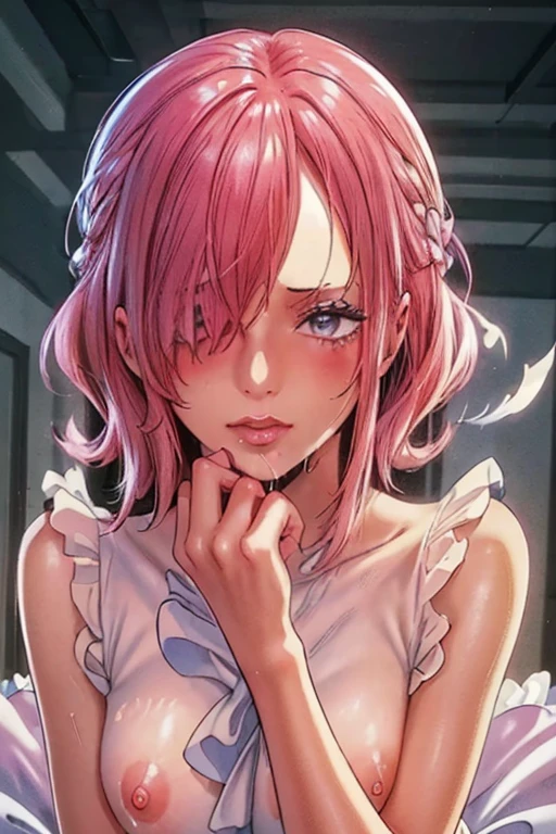 (((masterpiece))), (((best quality))), ((ultra-detailed)), (highly detailed CG illustration), vinsmoke reiju, (nsfw:1.4), (masterpiece:1.5), Detailed Photo, Sexy, (Best Quality: 1.4), (1girl), Beautiful Face, (Pink Hair, short Hair: 1.3), Beautiful Hairstyle, beautiful detail eyes, (realistic skin), beautiful skin, absurd, attractive, ultra high resolution, high definition, (sexually aroused:1.5), Pinkish white skin, cool white light, sexy pose, Beautiful , white background, pink soft white light, Wear a white dress, (Hair covering right eye: 1.5), wife, incoming face, kissing camera