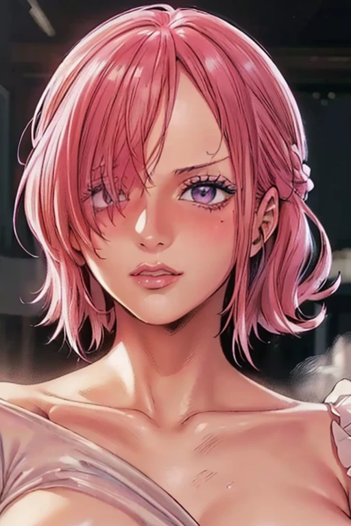 (((masterpiece))), (((best quality))), ((ultra-detailed)), (highly detailed CG illustration), vinsmoke reiju, (nsfw:1.4), (masterpiece:1.5), Detailed Photo, Sexy, (Best Quality: 1.4), (1girl), Beautiful Face, (Pink Hair, short Hair: 1.3), Beautiful Hairstyle, beautiful detail eyes, (realistic skin), beautiful skin, absurd, attractive, ultra high resolution, high definition, (sexually aroused:1.5), Pinkish white skin, cool white light, sexy pose, Beautiful , white background, pink soft white light, Wear a white dress, (Hair covering right eye: 1.5), wife, incoming face, kissing camera