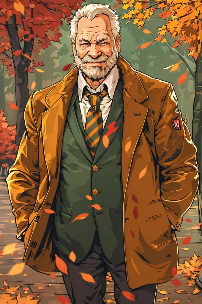 portrait, muscular old man in park, happy, autumn, suits, vector, mwvector