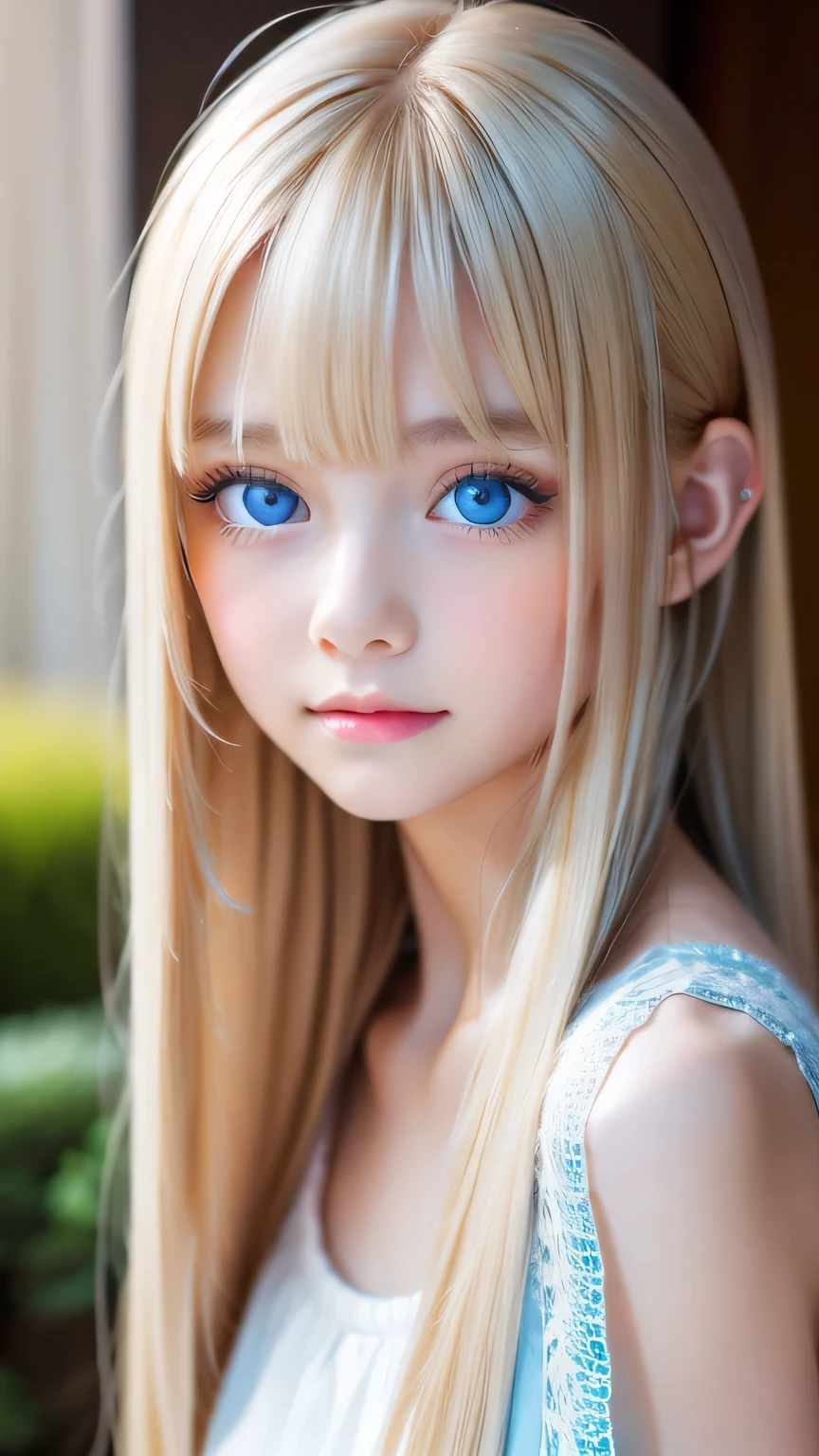 Super long silky straight blonde hair、Beautiful blonde girl posing in a white top、bangs between eyes、bangs on the face、bangs over eyes、blonde hair between the eyes、Real Life Beautiful Girl、16-year-old blonde beautiful girl、A beautiful platinum blonde girl who shines beautifully、Very beautiful, bright, large light blue eyes、very big bright eyes、small face beauty