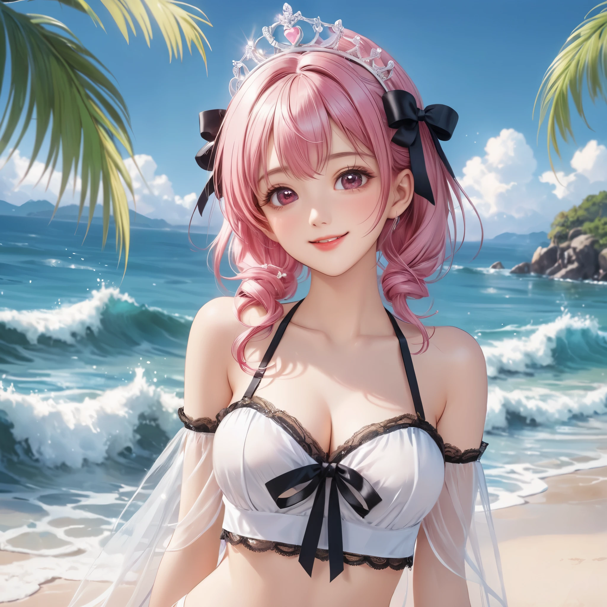 (8K, masutepiece, Highest Quality, Best Quality, Official art, Breathtaking beauty and aesthetics, A highly detailed, The best masterpiece in history that exceeds limits, Breathtaking and beautiful lighting:1.2), (1 Absolute Beautiful Girl:1.3), (Solo:1.5), sixteen years old, (shiny white skin), (pink hair, twin tail hair, Bangs:1.3), (adolable pink eyes, drooing eyes:1.2), (Breathtaking Beautiful bikini with Luxurious Details, super precision embroidery See-through lace, black cute bow ribbon, super precision embroidery a lot of see-through frill, super precision embroidery silver thread, Diamond), (big bust:1.2), (beautifully Luxurious Diamonds Tiara), (happy smile, Beautiful smile, Gentle smile, cute smile, innocent smile like an angel:1.2), breathtaking scenery, Attractive, amazing, Beautiful, Elegant, Luxurious, magnifica, Eye-catching, the ultimate beauty, Supreme Beauty, Superlative beauty, Elegant, Beauty, Graceful, Everyone loves it, Beauty that fascinates everyone, Healed, The highest level of complete beauty, cute like an idol, Stylish like a fashion model, Goddess-like grace, Be loved, cute little, adolable, Look at the camera, cute little pose, Happy, (Breathtakingly beautiful Luxurious blue sea, blue sky:1.5),