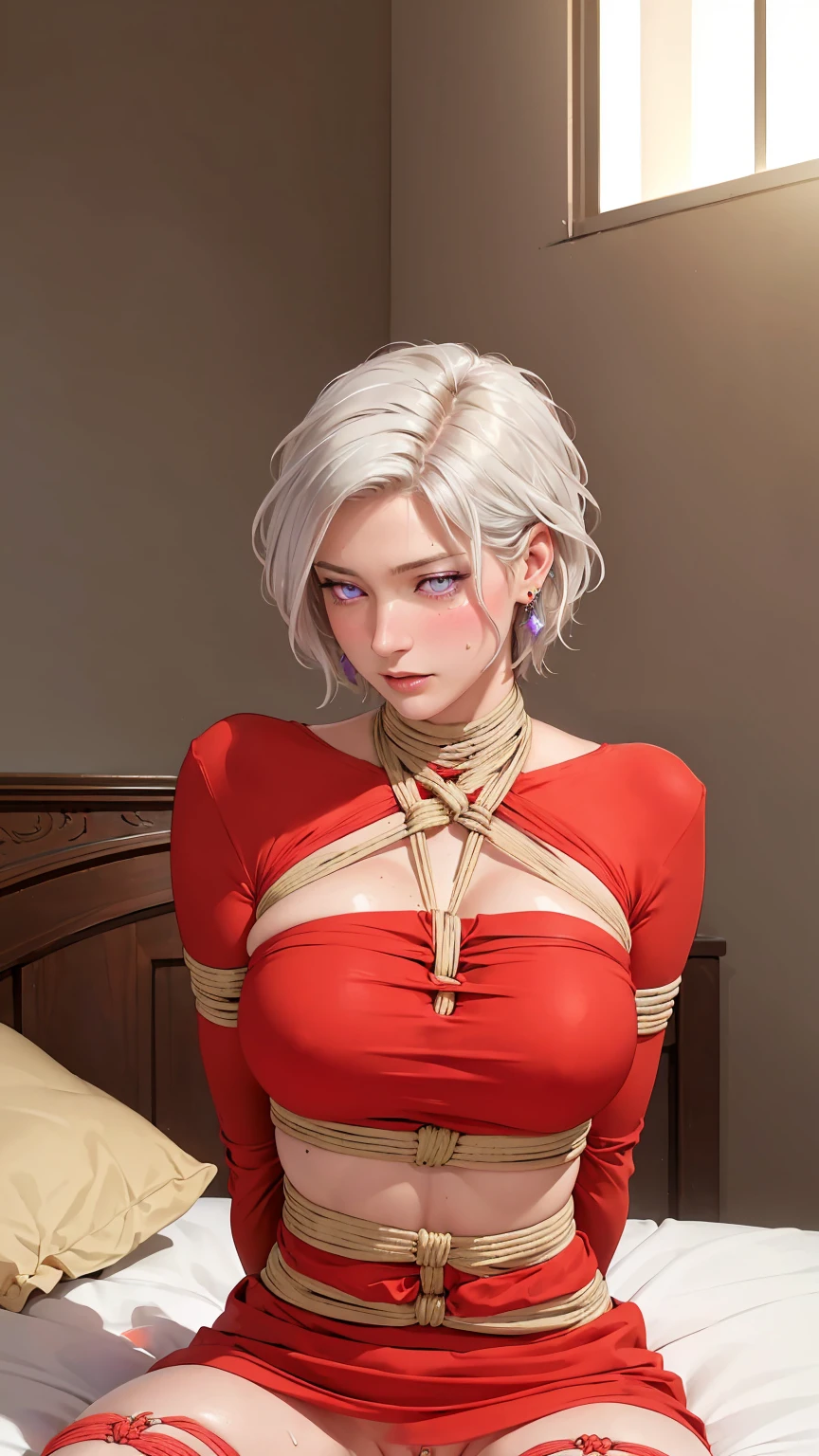 ((((masterpiece, best quality, high resolution)))), Extremely detailed 8K, Beautiful girl with voluptuous body, (Ultra HD, Ultra-detailed, Highly detailed, Highly realistic, Ultra-realistic, photograph realistic), (1girl:1.5), (Realistic white hair), (short wavy hair, hair ornaments, earrings), (dynamic poses), facing at camera, looking at viewer, (blushing red, embarrassed), (purple eyes, sharp eyes), (perky breasts:1.2), (beautiful detailed face, beautiful detailed eyes), ((naked)), (detail pussy), (tied up on bed:1.3), sweat, glow, (sunbeam, sunlight), ((cowboy shot)), bedroom, seductive, ((bondage, shibari))