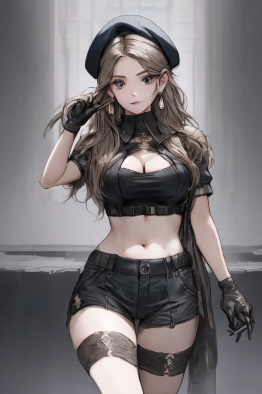  19 years old, (milf:0.8), (solo:1.5), (sfw:1.25), sexy breast, beautiful breasts, (medium tits:0.8), thin waist, big ass:1.0, Raised sexy, (black beret,black military jacket, open clothes, cleavage, midriff, black shorts, black thighhighs, thigh strap, fingerless gloves, single glove:1.2), blue eyes, light smile, big , Revimpling fabric, earrings, Hand gloves, detailed face,(hold a cigarette:1.1),long hair,side ponytail,hair between eyes,bangs,detailed and beautiful eyes,beautiful detailed lips,Rolling her eyes,manner,hair over one eye, (ultra high resolution, 8K RAW photo, photo realistics, thin outline:1.3, clear focus), best qualtiy, natural lighting, textile shading, field depth, (Bright pupils, fine detailed beautiful eyes with highlight:1.3, high detailed face), Red lip, fine realistic skins:1.1, looking down viewers:1.3, (dynamic angle:1.3, front view:1.1, breast focus:1.3, from above:1.2), (dynamic posing:1.5, sexy posing:1.2),Youghal, side lock, hair ornaments,nice,garden background,artistic rendering,Super detailed,(highest quality,4k,8K,High resolution,masterpiece:1.2),Bright colors,studio lighting ,at military base in usa
