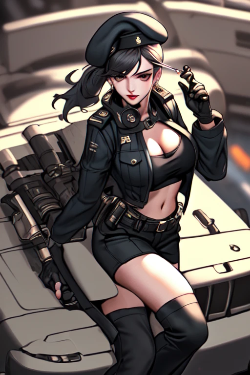  19 years old, (milf:0.8), (solo:1.5), (sfw:1.25), sexy breast, beautiful breasts, (medium tits:0.8), thin waist, big ass:1.0, Raised sexy, (black beret,black military jacket, open clothes, cleavage, midriff, black shorts, black thighhighs, thigh strap, fingerless gloves, single glove:1.2), blue eyes, light smile, big , Revimpling fabric, earrings, Hand gloves, detailed face,(hold a cigarette:1.1),long hair,side ponytail,hair between eyes,bangs,detailed and beautiful eyes,beautiful detailed lips,Rolling her eyes,manner,hair over one eye, (ultra high resolution, 8K RAW photo, photo realistics, thin outline:1.3, clear focus), best qualtiy, natural lighting, textile shading, field depth, (Bright pupils, fine detailed beautiful eyes with highlight:1.3, high detailed face), Red lip, fine realistic skins:1.1, looking down viewers:1.3, (dynamic angle:1.3, front view:1.1, breast focus:1.3, from above:1.2), (dynamic posing:1.5, sexy posing:1.2),Youghal, side lock, hair ornaments,nice,garden background,artistic rendering,Super detailed,(highest quality,4k,8K,High resolution,masterpiece:1.2),Bright colors,studio lighting ,at military base in usa
