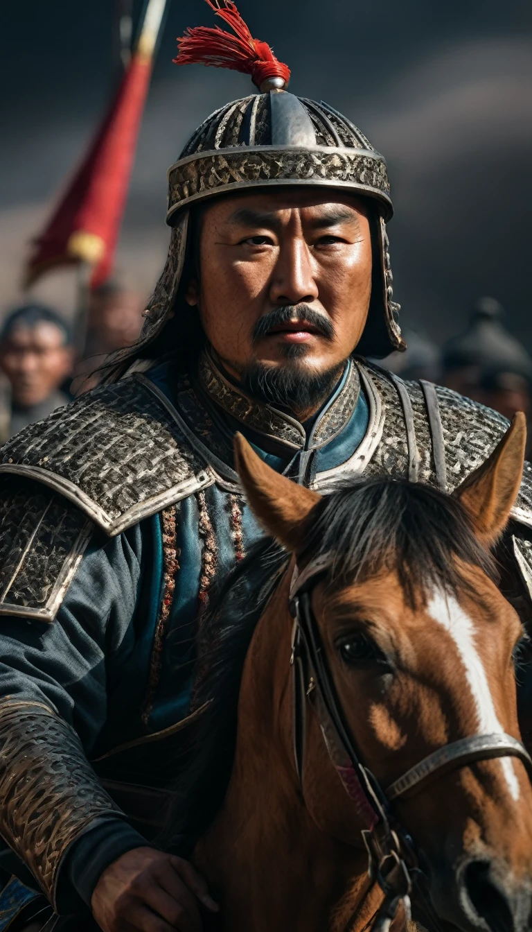 A shot of Kitbuqa, the formidable Mongol commander, riding into battle with determination in his eyes, background dark, hyper realistic, ultra detailed hyper realistic, photorealistic, Studio Lighting, reflections, dynamic pose, Cinematic, Color Grading, Photography, Shot on 50mm lens, Ultra-Wide Angle, Depth of Field, hyper-detailed, beautifully color, 8k