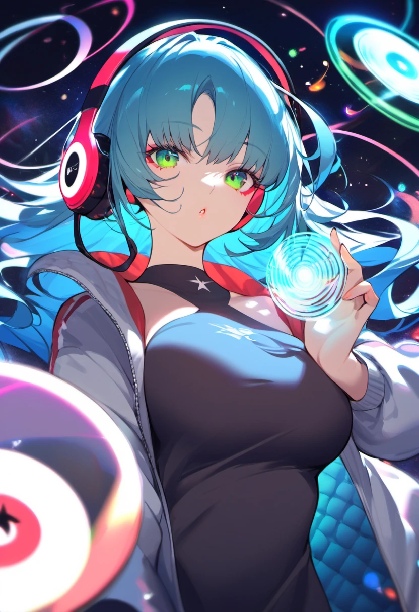 A very sexy and beautiful adult woman with large green eyes, long Blue hair. Impeccably make up with red lipstick, dark eyeshadow accentuating her bright eyes. She's dressed in an open jacket that's slightly oversized, wearing a top covering her ample bosom. Sporting large, colorful headphones, she giving a side look tô the camera. She is floating in another chaotic dimension, with red and Black shapes and lights. She is touching a music CD that is floating in space, with swirling lights and colors around her hand, and a calm and tranquil, almost maternal expression on her face.