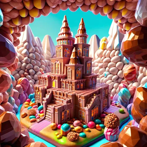 Digital art depicting the inside of Willy Wonka's chocolate castle adapted to resemble a praline diorama with hyperrealism and h...