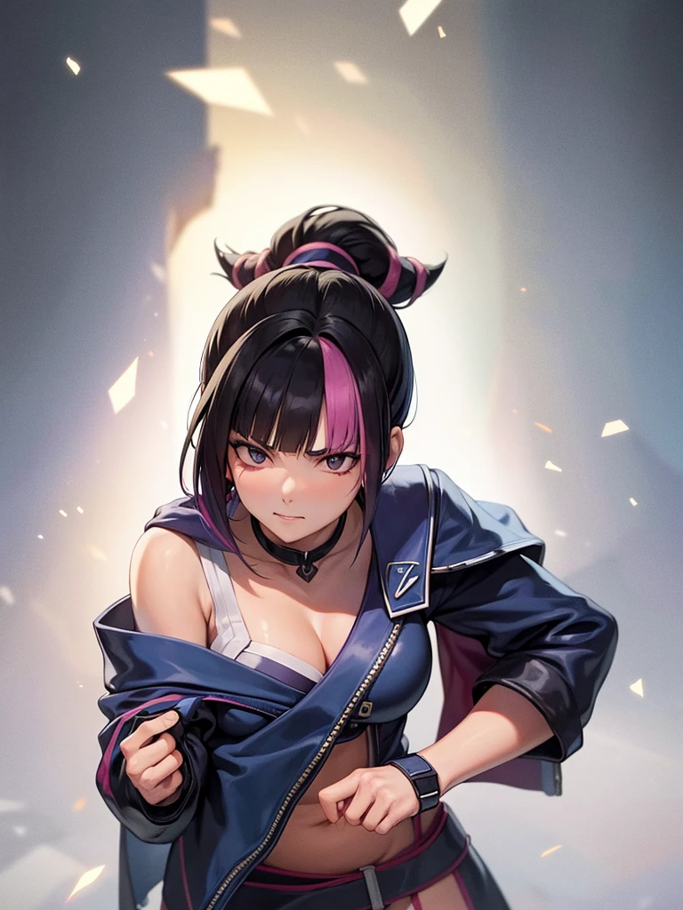 Juri Han, street fighter(master part, best quality, ultra-detalhado, Melhor sombra), (Antecedentes detalhados, Olhando para o Viewer, Serious, irritado), Rosto detalhado, (best ilumination), ((Cinematic light)), colorido, hiper detalhe, dramatic light, detalhes intrincados