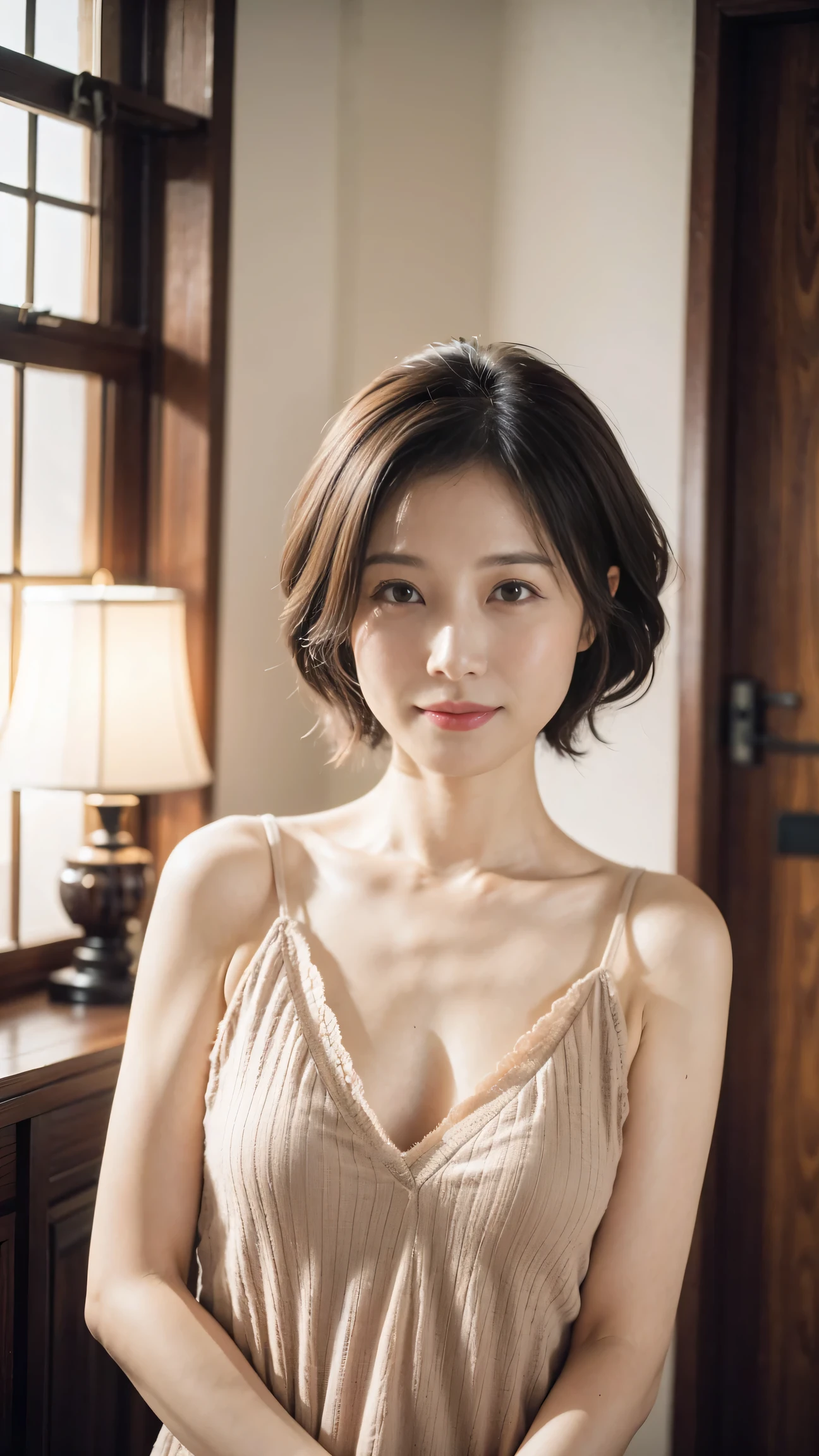 (​Masterpiece:1.3), (8K, Realism, original photography, Top image quality: 1.4), japanese woman、(Random hairstyle:1.2)、cleavage:1.2、Super detailed face、Eye for details、double eyelids、chest together、sharp focus:1.2、pretty Woman:1.4、light brown hair、top quality、​Masterpiece、ultra high resolution、(Realism:1.4)、Highly detailed and professional lighting、Smile、Loose and lightweight knitwear、shoulders outward、thin and long、short hair、 The background is a traditional room，Surrounded by warm and inviting colors。(flower)，The room features soft and soft lighting，Create a romantic atmosphere。The warm tones and textures of the furniture and fabrics add a touch of comfort to the scene。Overall image quality reaches the highest standards，Emphasis on ultra-detailed rendering and photo-realistic effects。bright colors，Lighting is soft and dynamic，Enhanced depth and dimensionality of scenes。[Realistic lighting]、[bright colors]and[soft and shadow]Contributes to overall visual appeal。The composition and framing of the scene are carefully crafted.，This is a masterpiece depicting the essence of romance with utmost realism and artistic skill。