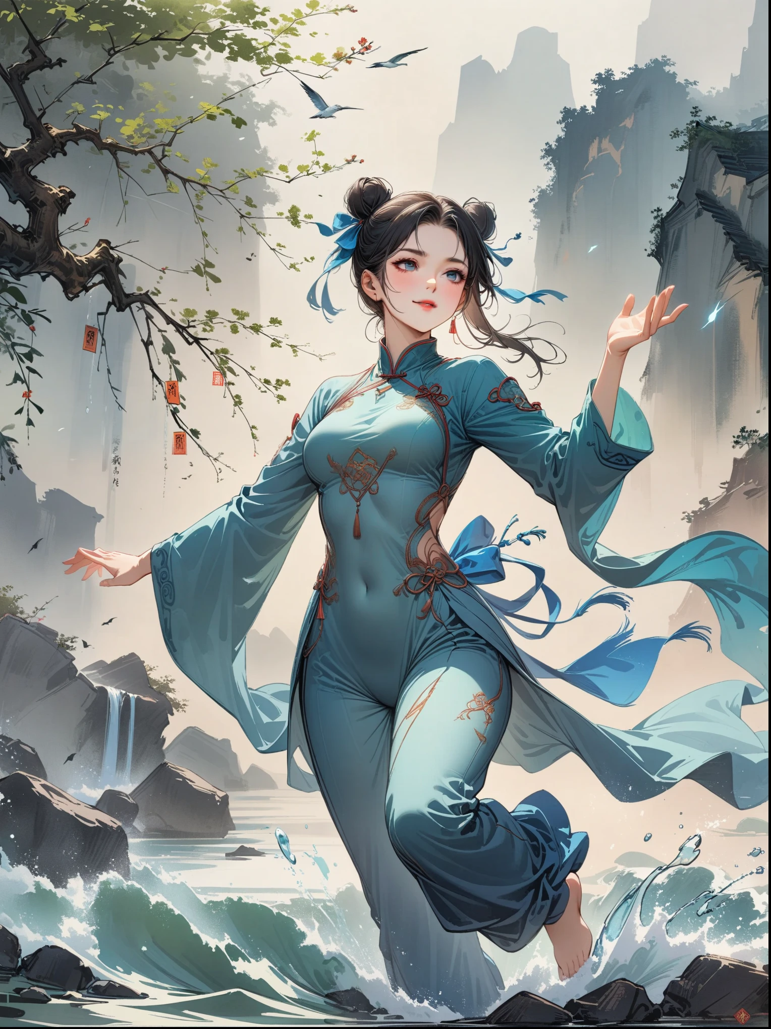 A Chinese girl is practicing Tai Chi, wearing a training suit with a background of Tai Chi diagram, water, fire, qi, and flowing movements. Her whole body is depicted in a Chinese style, with rich details, immortal energy, and Jojo's wonderful adventure style, in clothes, silver hair, hair bun, hair ribbon, blank eyes, light smile, god rays, UHD, masterpiece, ccurate, anatomically correct, textured skin, super detail, high details, best quality, 8k, award winning