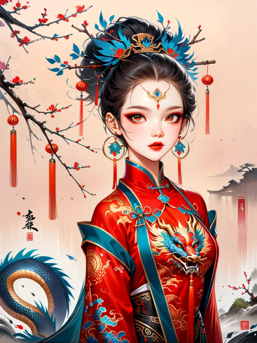 Obras de mestres de estilo chinês, realista, brilhando, Pintura a tinta tradicional chinesa, Ramo de salgueiro, Wu Chang Shuo, 1 mulher, Sozinho, Cabelo preto, acessórios de cabelo, orelhas longas e cabelos curtos, mangas compridas, Portátil, joia, lábios, inventar, Maquiagem pesada, sombra, red lábios, delineador, semi-realista, alta resolução, Absurdo, Detalhes intrincados:1.3, Super detalhado, Super detalhado, minucioso, tendências da estação de arte, Maquiagem premiada, ângulo dinâmico, detalhe mais alto, cabelo azul, ramo de joias de hourai, Acessórios para cabelo de dragão, (jóia da testa:1.5), lentes de contato coloridas, Brincos de cristal, fume, trabalhar, Cores deslumbrantes, Efeitos visuais impressionantes, aparência sobrenatural, arte encantadora, ilustração, visão em primeira pessoa, (tiro de vaqueiro:1.4), ((Obra de arte)), melhor qualidade, Obra de arte, melhor qualidade, melhor qualidade, anatomicamente correto, pele texturizada