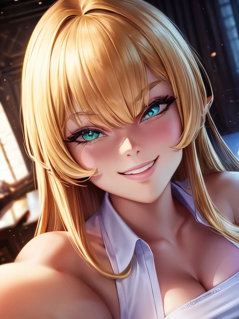 (Best quality, 8K, Masterpiece: 1.3), Clear focus: 1.2, Beauty: realistic, 1girl, golden hair, green eyes, cinematic angle, evil grin, selfie