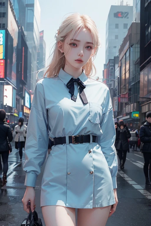 (1girl:1.3), Single, __Body parts__ Sensitive and realistic skin, Pale skin, big, Official art, 16K uniform background, Superior detail, beauty and aesthetics, beauty, Masterpiece, Best quality, In Cyberpunk City, Great atmosphere, Calm color palette, Peaceful mood, Soft shades, Airline stewardess uniform, luster