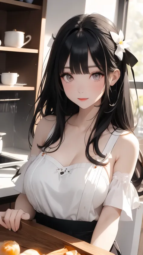 perfect face　black hair　long hair　bangs bangs　whiteい肌　amber eyes　younger sister　apron　pale skin pigment　middle School girls　Thig...