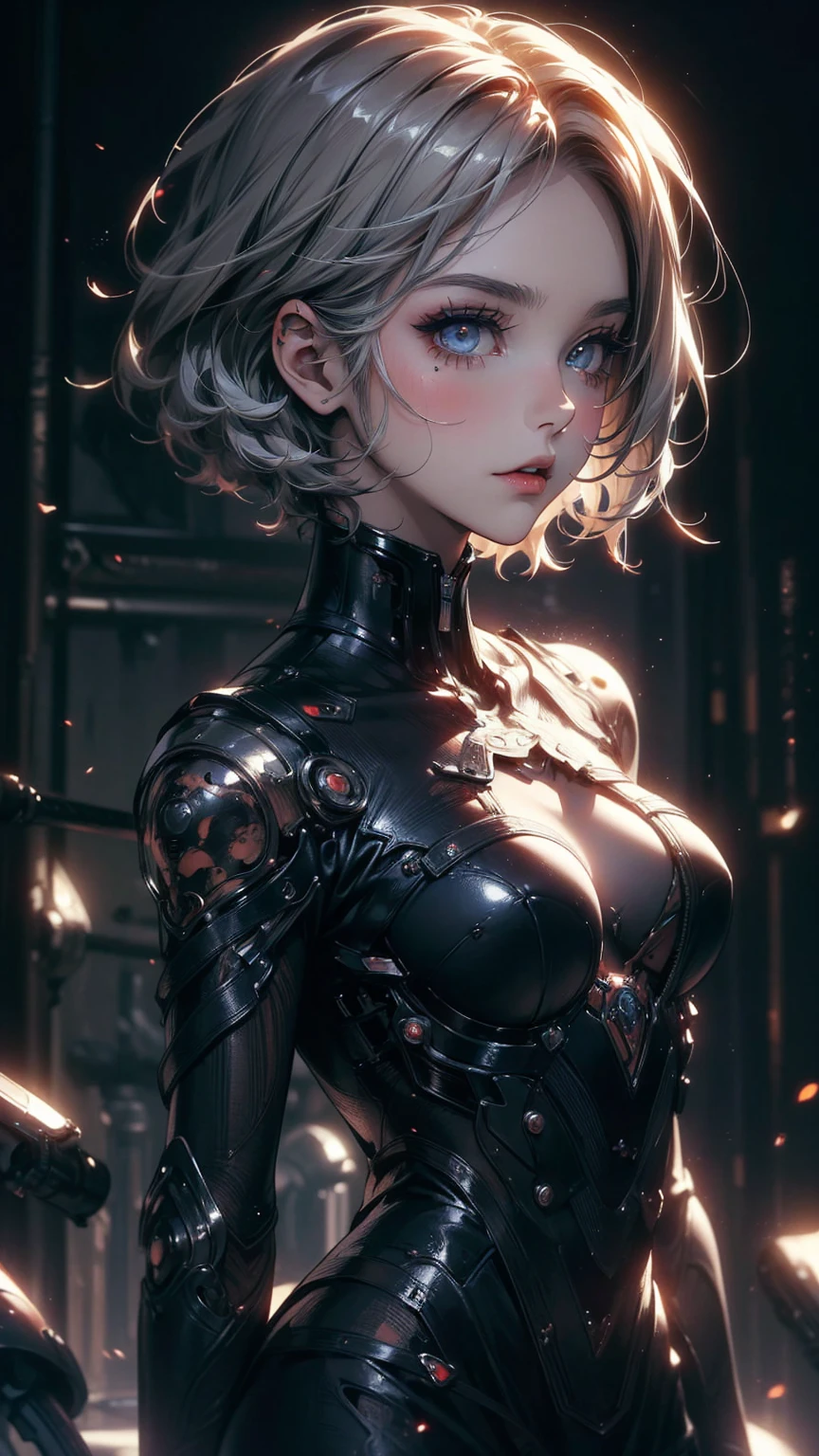 (masterpiece, High resolution, highest quality), ((20 year old woman, Upper body focus)), detailed eyes, Avant-garde makeup, messy short hair:1.2, ash gray hair, cinematic lighting, chaos, mechanical, anime style, simple lines, digital painting,