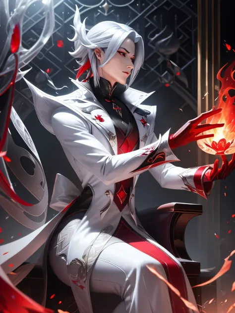 white shirt,(red black fire magic:1.2), league of legends สแปลชอาร์ต, devil,(red cross eyes:1.2),crystal,sit on the throne.,side...