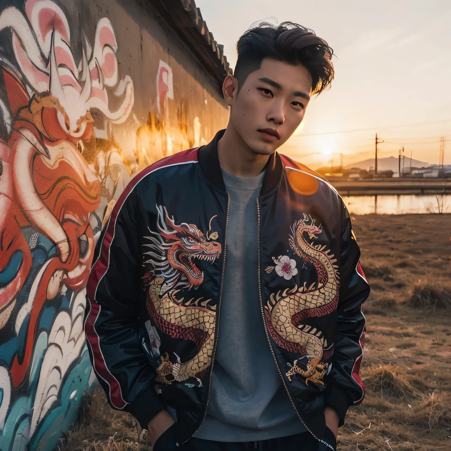 photographie à long terme, un homme coréen aux cheveux courts et lissés, porter une veste de dragon sukajan, debout à côté d&#39;un graffiti mural, debout devant le mur graffiti dans une ville au coucher du soleil, coucher de soleil bas, Ambiance du coucher du soleil,
Regarder le coucher du soleil, debout dans un champ stérile, belle pose, bel horizon,caméra ultra grand angle,photo promotionnelle,regardant la caméra