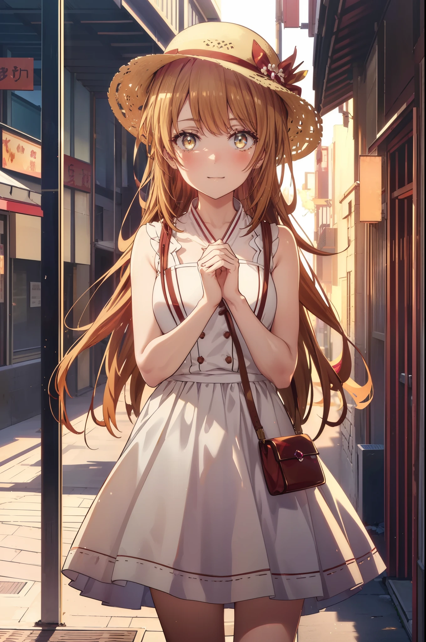 irohaisshiki, Isshiki Iroha, long hair, light brown hair, (Brown ruby eyes:1.5), White long skirt integrated dress,Cute Sandals,straw hat,happy smile, smile, open your mouth,evening,sunset,The sun is setting. Break outdoors. ,building street,In town,
break looking at viewer,(cowboy shot:1. 1)
break (masterpiece:1.2), highest quality, High resolution, unity 8k wallpaper, (shape:0.8), (beautiful and detailed eyes:1.6), highly detailed face, perfect lighting, Very detailed CG, (perfect hands, perfect anatomy),