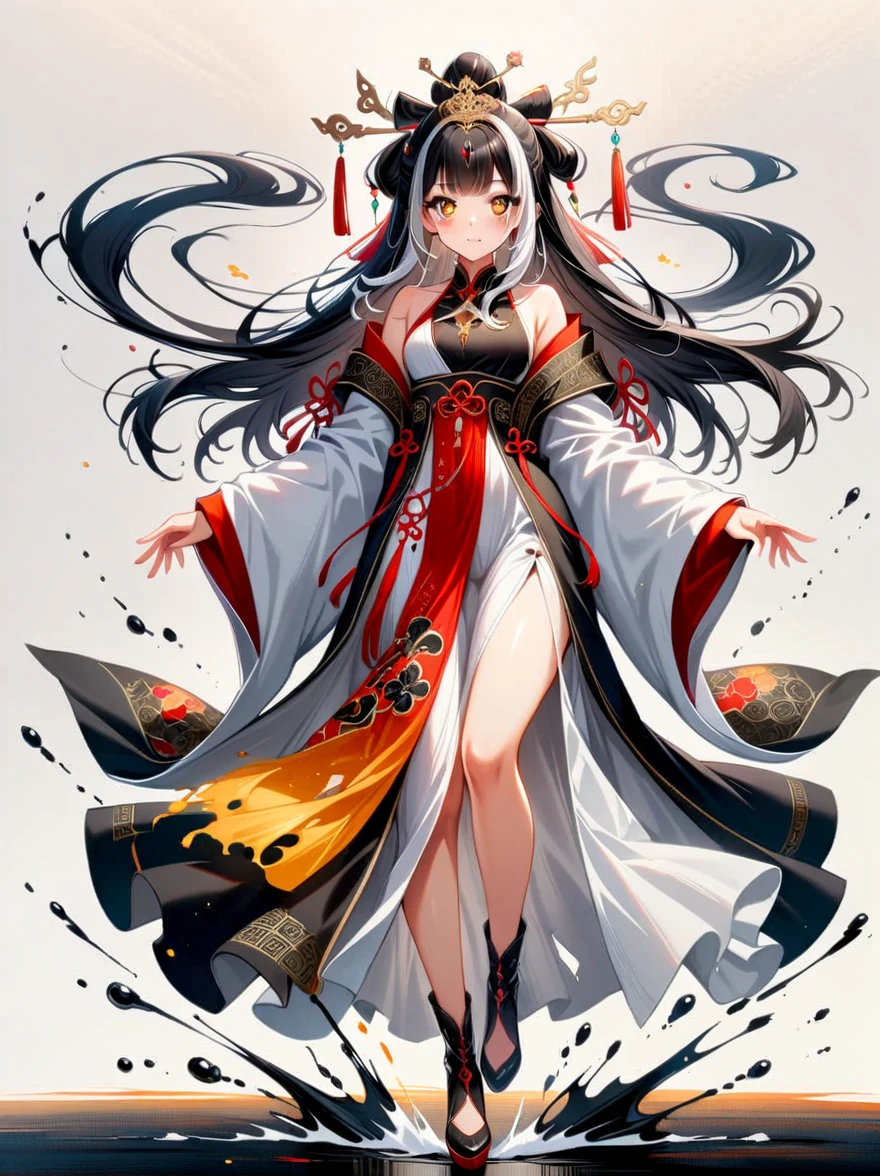 Amazing, beautiful detailed eyes, ((((1girl)))), finely detailed, extremely detailed CG unity 8k wallpaper, (((((full body))))), (((a girl wears Clothes Black and white Taoist robes))), ((Extremely gorgeous magic style)), ((((gold and silver lace)))), (((flowing lace))), (((flowing ((black)) and white background))), (((((gorgeous detailed eyes))))), (((((((gorgeous detail face))))))), ((floating hair)), (((Pick and dye black hair in white hair))), (((flowing transparent black))), (((flowing transparent white))), (((((ink))))), ((((small breast)))), (((extremely detailed gorgeous tiara))), (((black and white hair))), ((black hair stick)), ((white hair ornament)), ((gold gorgeous necklace)), ((flowing hair)), (((The picture fills the canvas))), ((The character is in the center of the frame)), (((flowing))), ((bright pupils)), ((((melt)))), (((((black and white melt))))), Depth of field, masterpiece, (best quality)