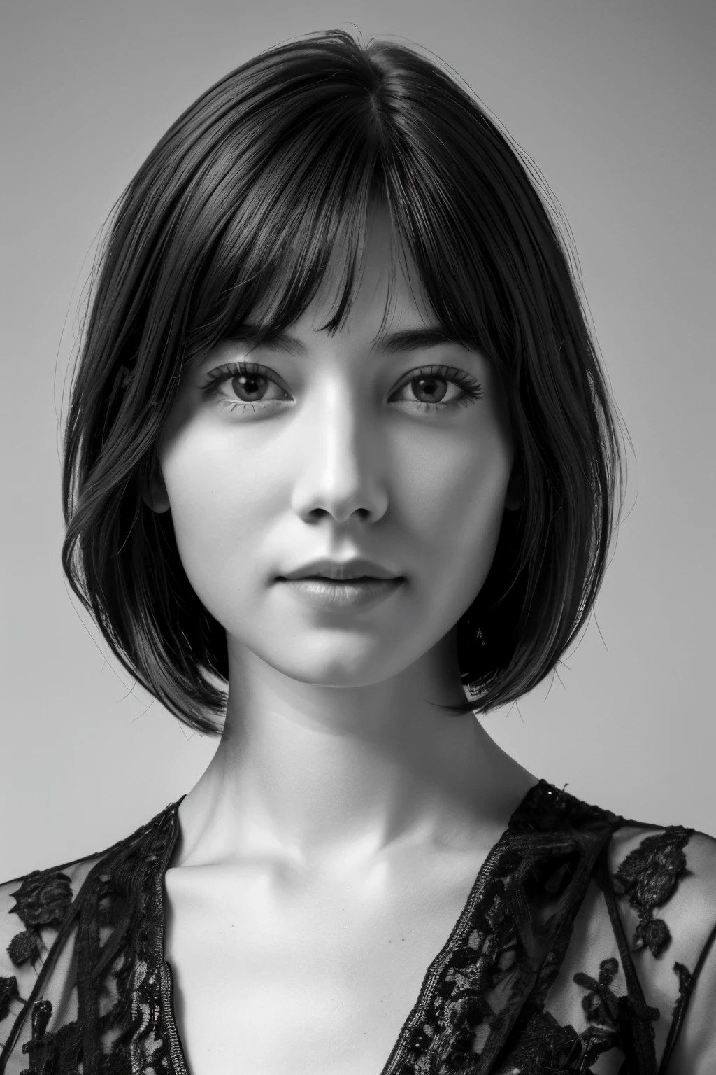 table top, highest quality, Photoreal, Super detailed, finely, High resolution, 8k wallpaper, Raw photo, Professional, Advanced level of detail, (((monochrome photography))), 1 girl, (facing the front), Upper body, perfect face, (bob hair)
